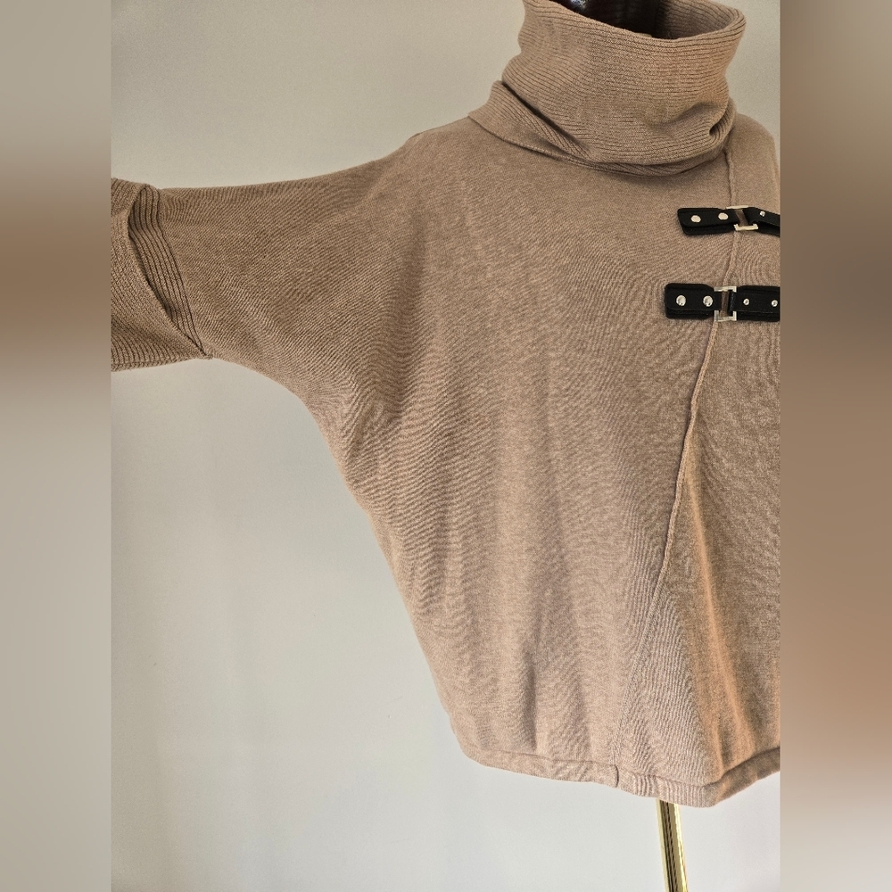 MARBLE Light Tan Cotton Cowl Neck Sweater with Faux Leather Buckles. Size Small - Picture 3 of 10